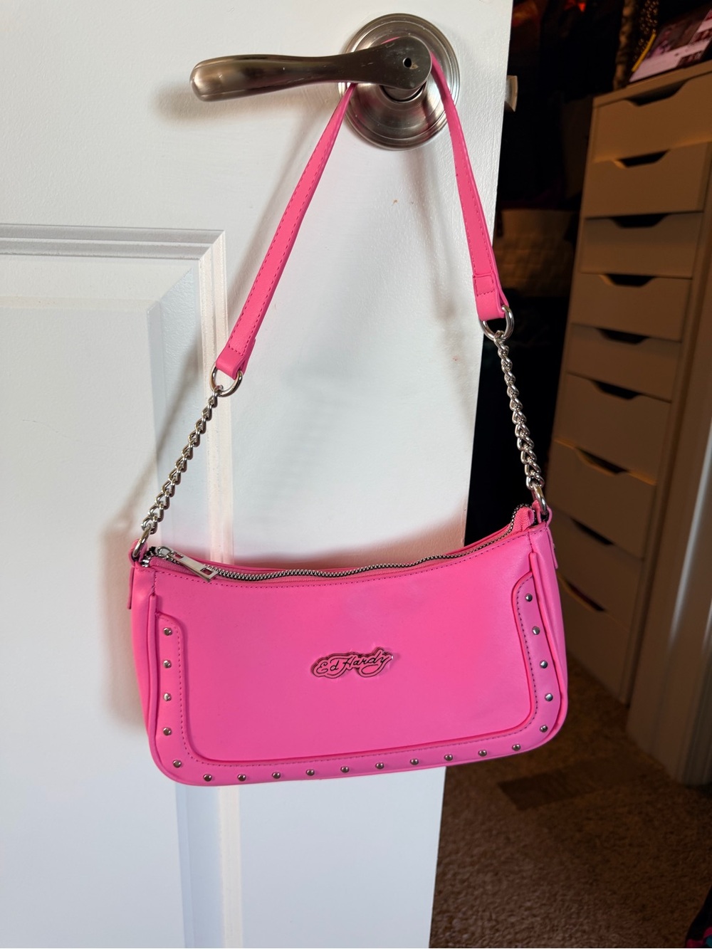 Ed Hardy Hot Pink Studded Shoulder Bag with Chain Strap